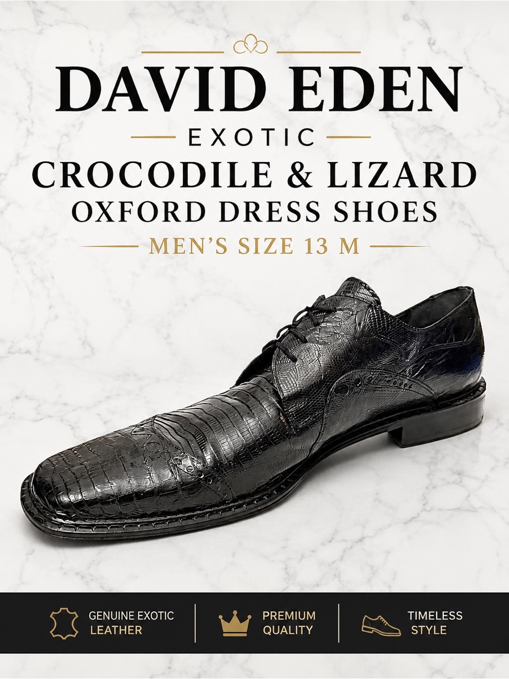David Eden Exotic Black Crocodile & Lizard Oxford Dress Shoes Men’s Size 13